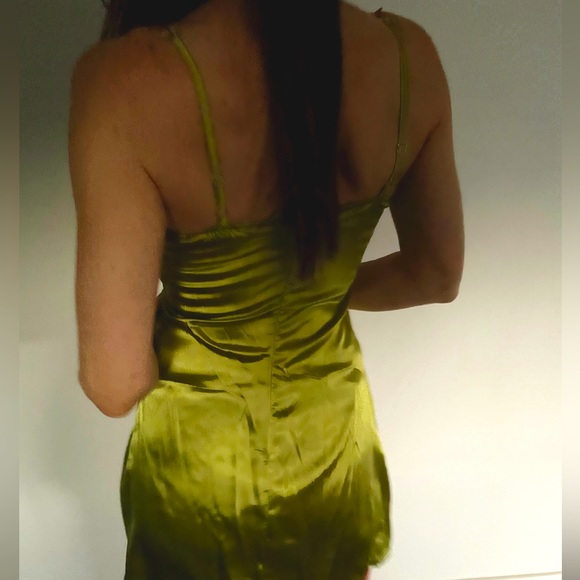 NWT lime satin flower chain strap chartreuse mini bustier embroidered slip dress - Picture 6 of 13